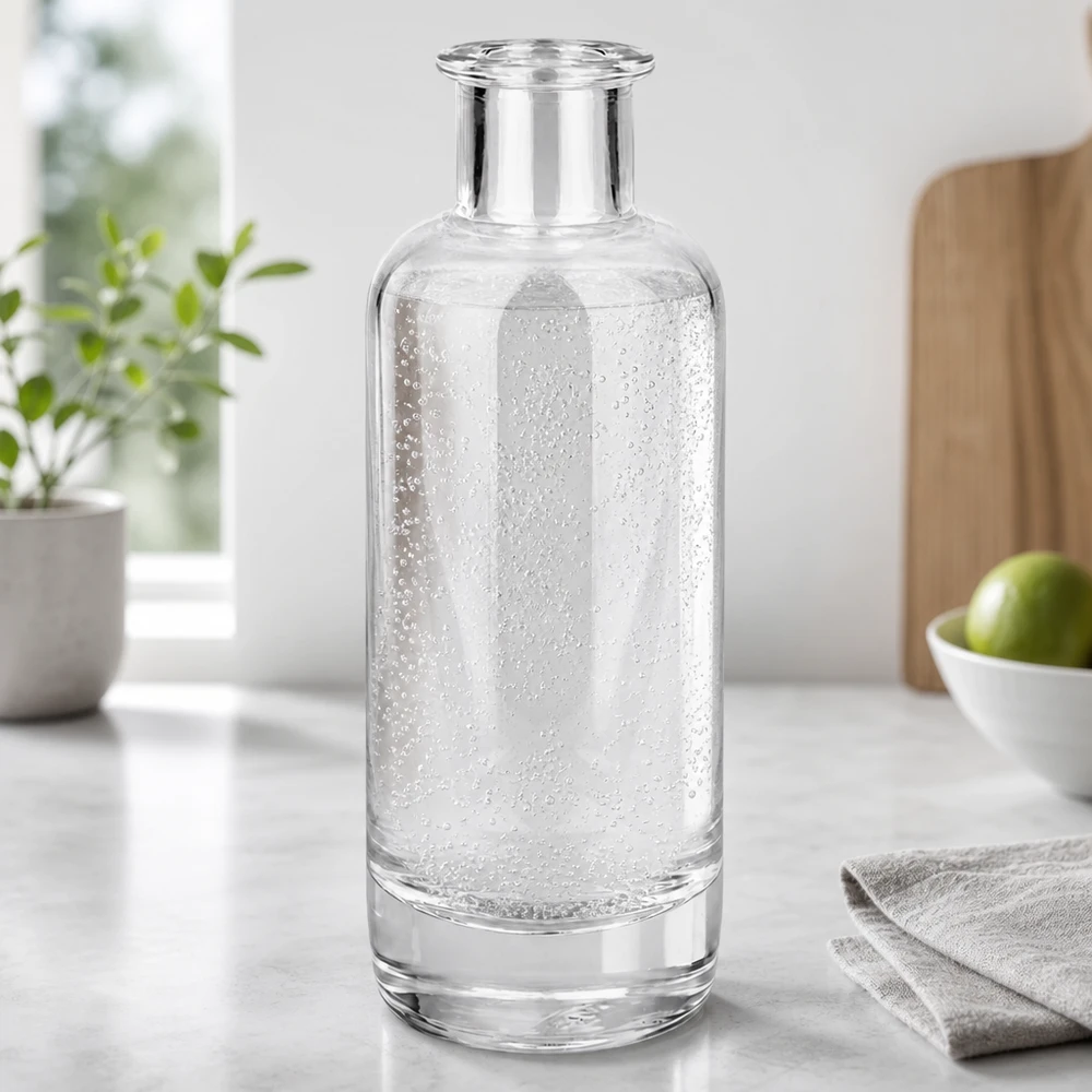 Bottiglia in vetro da 200 ml Ella senza tappo UNiTWIST® Bottiglia di vetro da 200 ml Ella riempita di acqua minerale frizzante in una cucina moderna mostra l'uso per le bevande