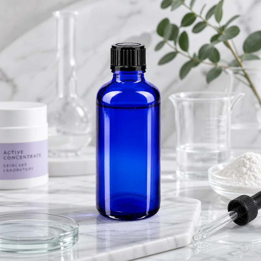 Fiala da laboratorio da 50 ml in vetro da farmacia blu cobalto con tappo contagocce nero nel laboratorio di cosmetica