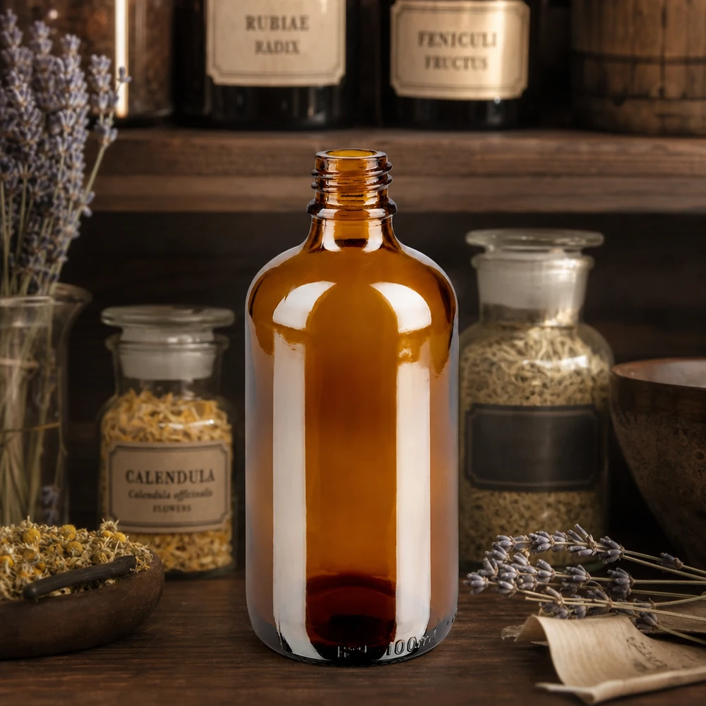 Flacone farmaceutico ambrato da 100 ml ApoGlas Bottiglia da 100 ml in ApoGlas marrone con erbe di calendula e lavanda in un'atmosfera da speziale rustico