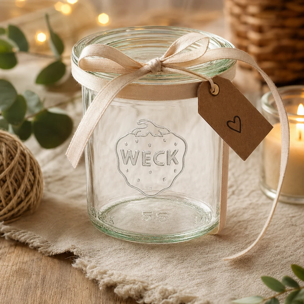 Barattolo da 140 ml con coperchio in vetro WECK RR60 WECK Sturzglas 140ml RR60 als Geschenk dekoriert mit beiger Schleife und Herzanhänger auf rustikalem Holztisch