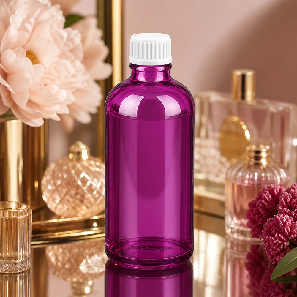 Flacone da 100 ml (globuli) con anello versatore da 3 mm bianco Standard PurpleLine. UT18/100 Flacone compatto da 100 ml in vetro viola, ideale per i formati da viaggio e le applicazioni mobili