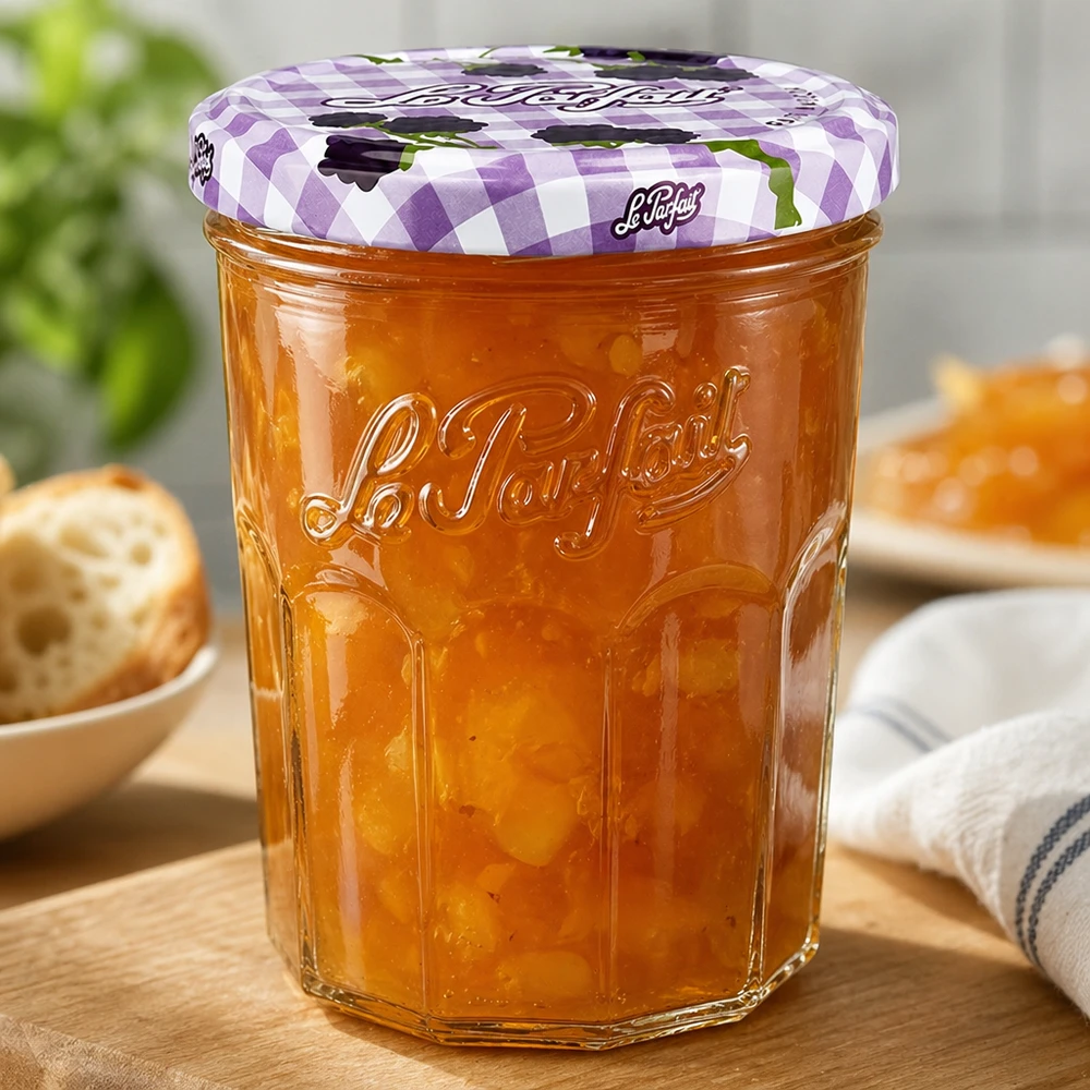 Bicchierini Le Parfait da 385 ml riempiti di marmellata d'arance sul tavolo di legno accanto al vassoio del pane e della colazione
