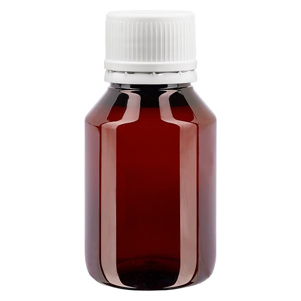 Bottiglia in PET da 50 ml con tappo bianco OV finemente scanalato Bottiglia in PET da 50 ml con tappo bianco OV finemente scanalato