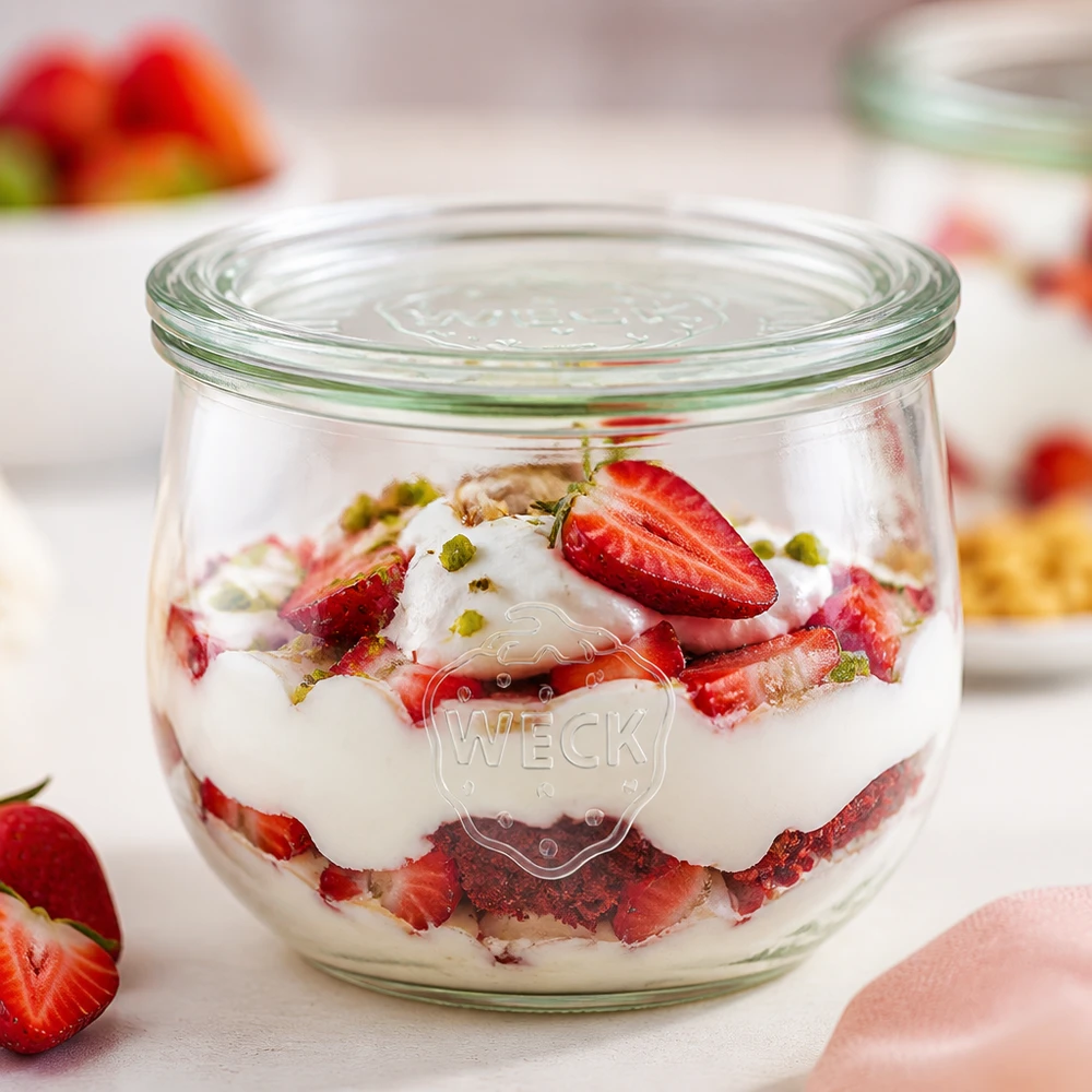 Barattolo a tulipano da 580 ml con coperchio in vetro WECK RR100 Vaso WECK a tulipano 580ml RR100 riempito con dessert allo yogurt alla fragola come variante dessert con pistacchi su superficie bianca
