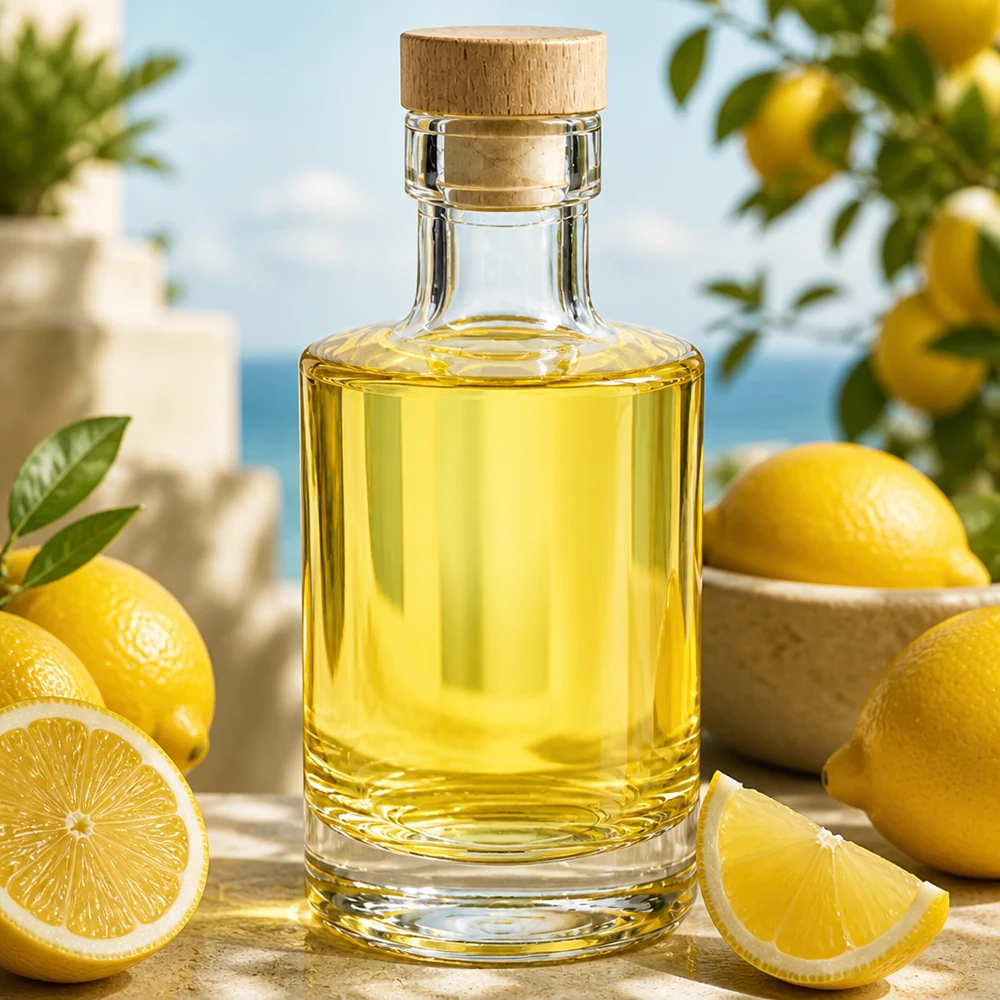 Bottiglia in vetro da 200 ml Marie con tappo in sughero con impugnatura in legno UNiTWIST® Bottiglia di vetro da 200 ml Marie riempita di olio giallo, tappo di sughero, disposta in modo decorativo con limoni su un tavolo di legno