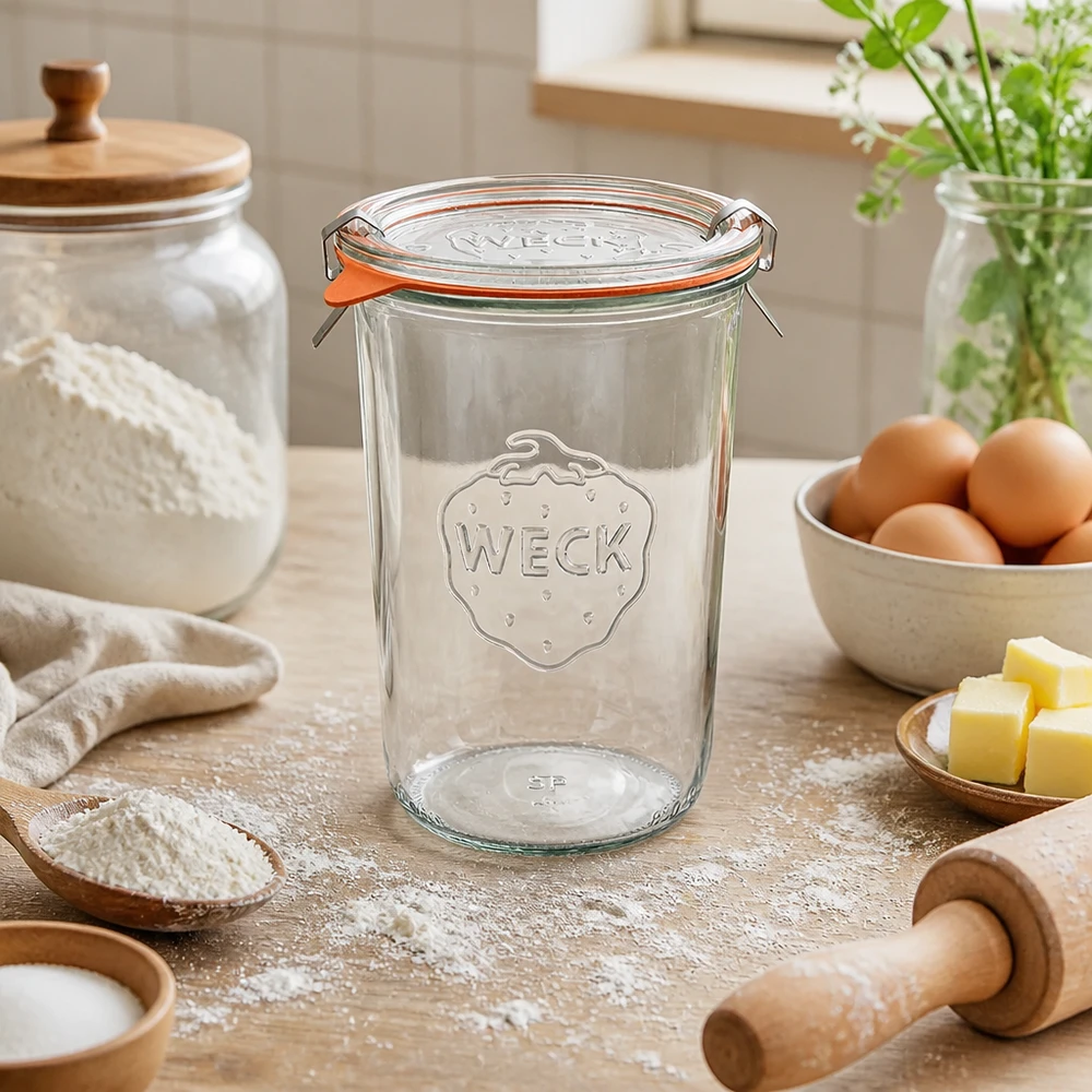WECK tumbler 850ml RR100 in ambiente naturale di cucina con ingredienti da forno uova burro e farina per la bollitura