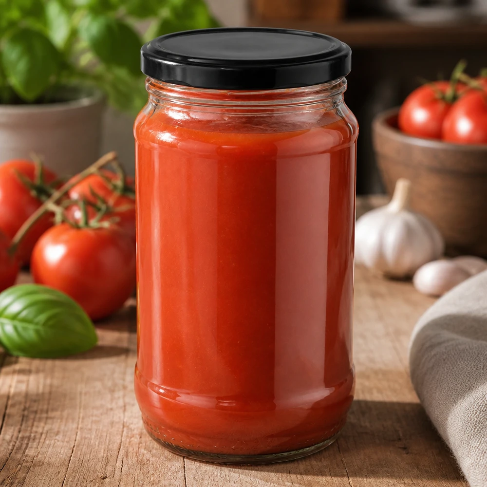 Vaso di vetro rotondo UNiTWIST da 370 ml, modello BasicSeal, nero, ideale per la conservazione della salsa di pomodoro e della passata
