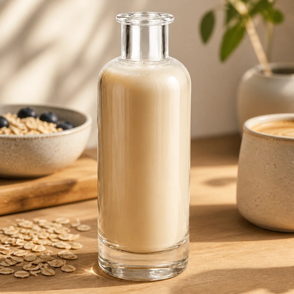 Bottiglia in vetro da 200 ml Ella senza tappo UNiTWIST® Bottiglia di vetro da 200 ml di Ella riempita di latte d'avena su un tavolo di legno accanto a fiocchi d'avena mostra l'uso del latte vegetale