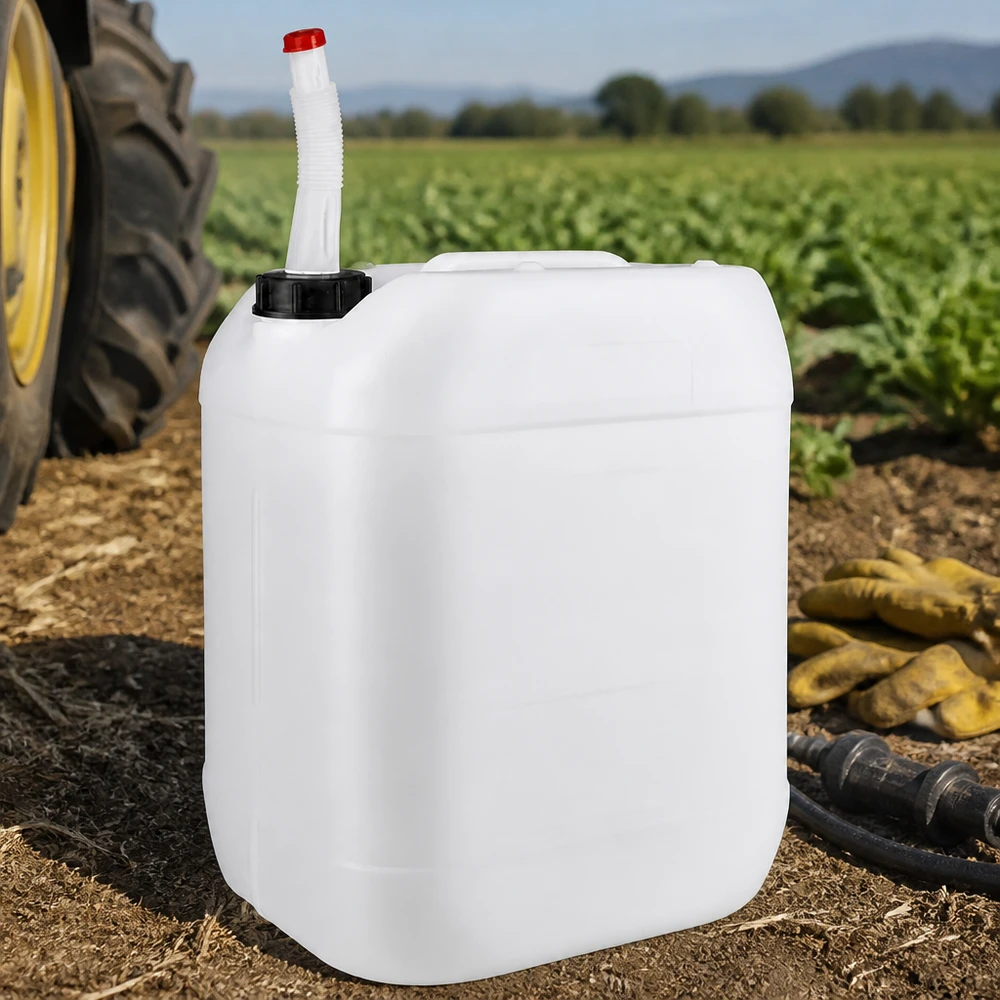 Tanica agricola da 20 litri con tubo di scarico flessibile accanto a un trattore su un campo coltivato