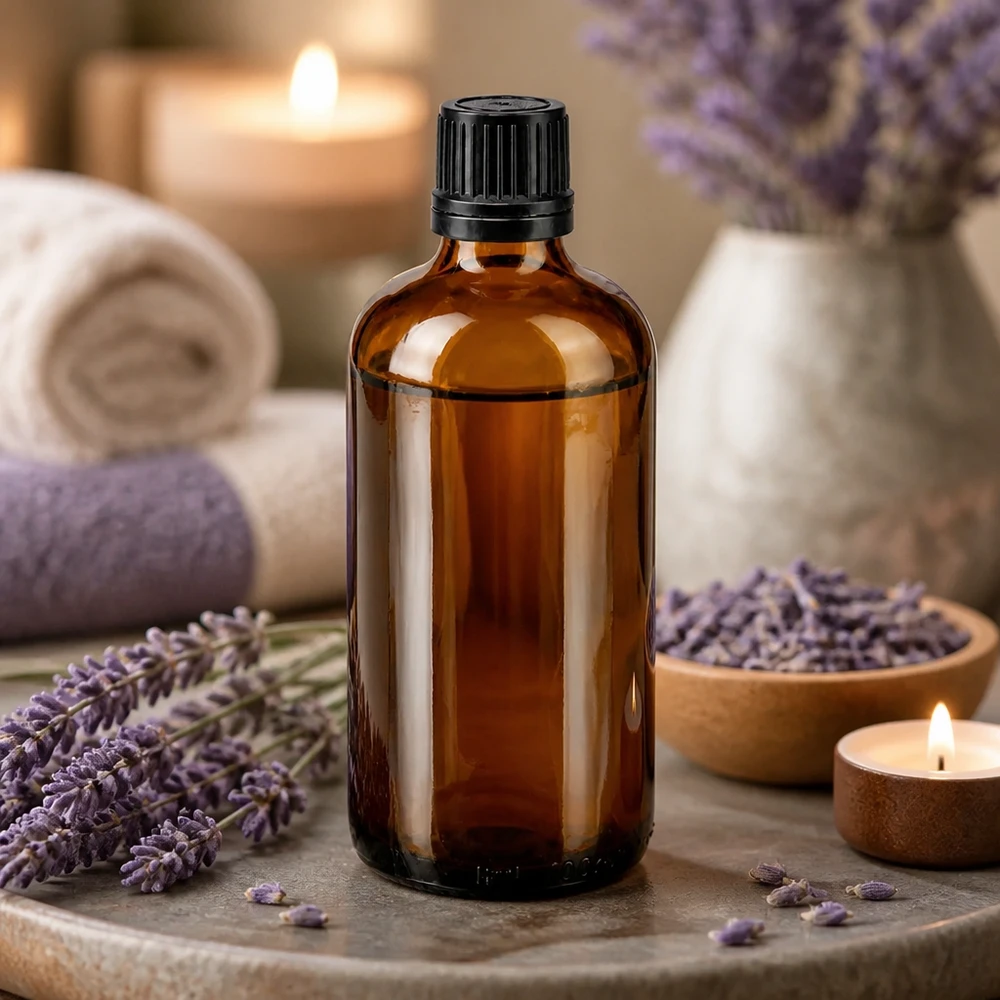 Flacone contagocce marrone 100ml OV nero/1mm ApoGlas Flacone di vetro marrone da 100 ml con contagocce, tra fiori di lavanda e candele
