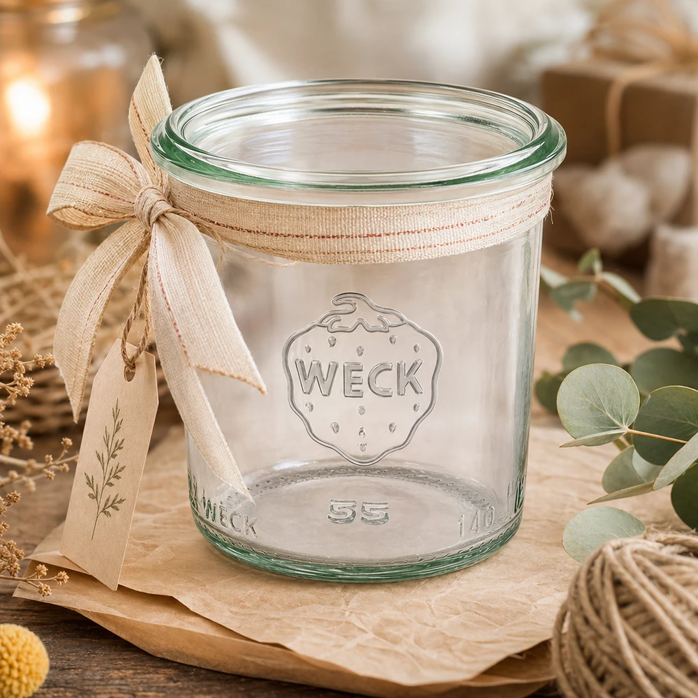 Barattolo WECK RR60 da 140 ml con nastro su tavoletta di legno, vaso da conserva vuoto per marmellata e conserve