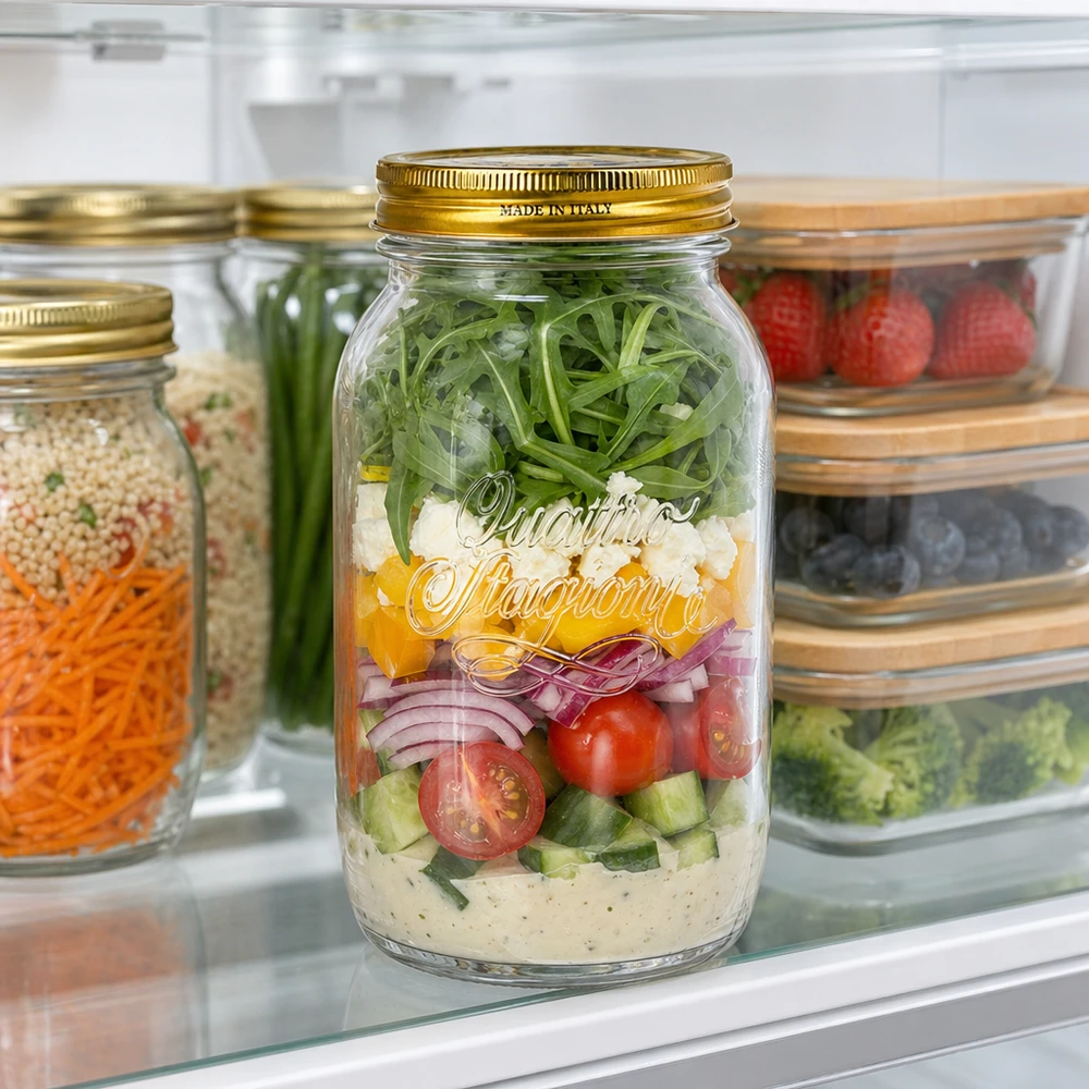 Barattolo da 1500 ml Quattro Stagioni riempito di insalata a strati in frigo per la conservazione dell'insalata.