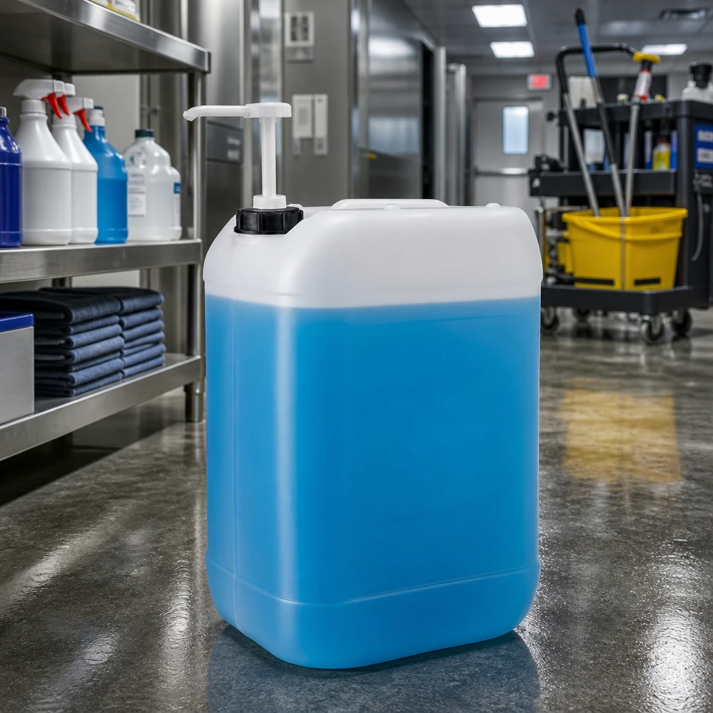 Tanica da 25 litri con pompa dosatrice Tanica blu da 25 litri con pompa bianca in un ambiente di pulizia professionale