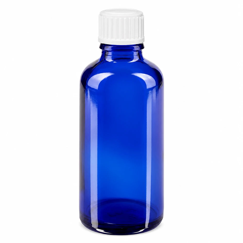 Flacone 50ml blu (Glo.) GR STD bianco/3mm ApoGlas Flacone in vetro da 50 ml di colore blu con tappo bianco, realizzato in vetro da farmacia per applicazioni farmaceutiche