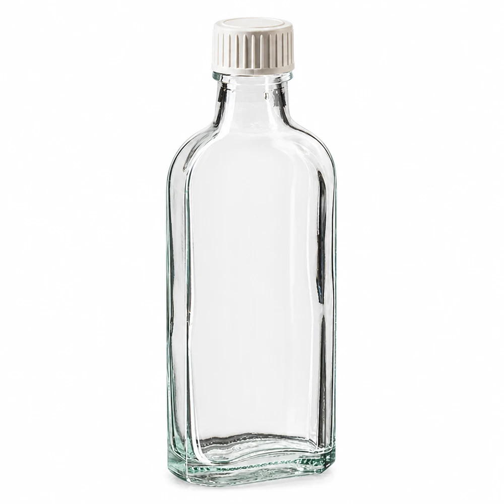 Tappo a vite trasparente Meplat da 100 ml con inserto in schiuma PE Flacone in vetro Meplat da 100 ml trasparente con tappo a vite bianco e inserto in schiuma di PE