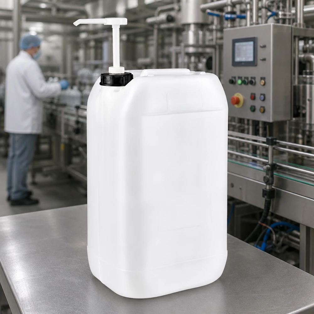 Tanica da 15 litri con pompa dosatrice Tanica rettangolare in HDPE da 15 litri con pompa dosatrice su un tavolo in acciaio inossidabile in un impianto di produzione industriale