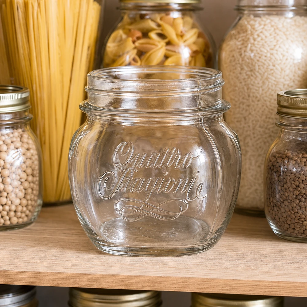 Bicchiere da 300ml "Quattro Stagioni" Barattolo per la casa Quattro Stagioni da 300 ml in vetro trasparente con coperchio a vite per la conservazione e lo stoccaggio in cucina