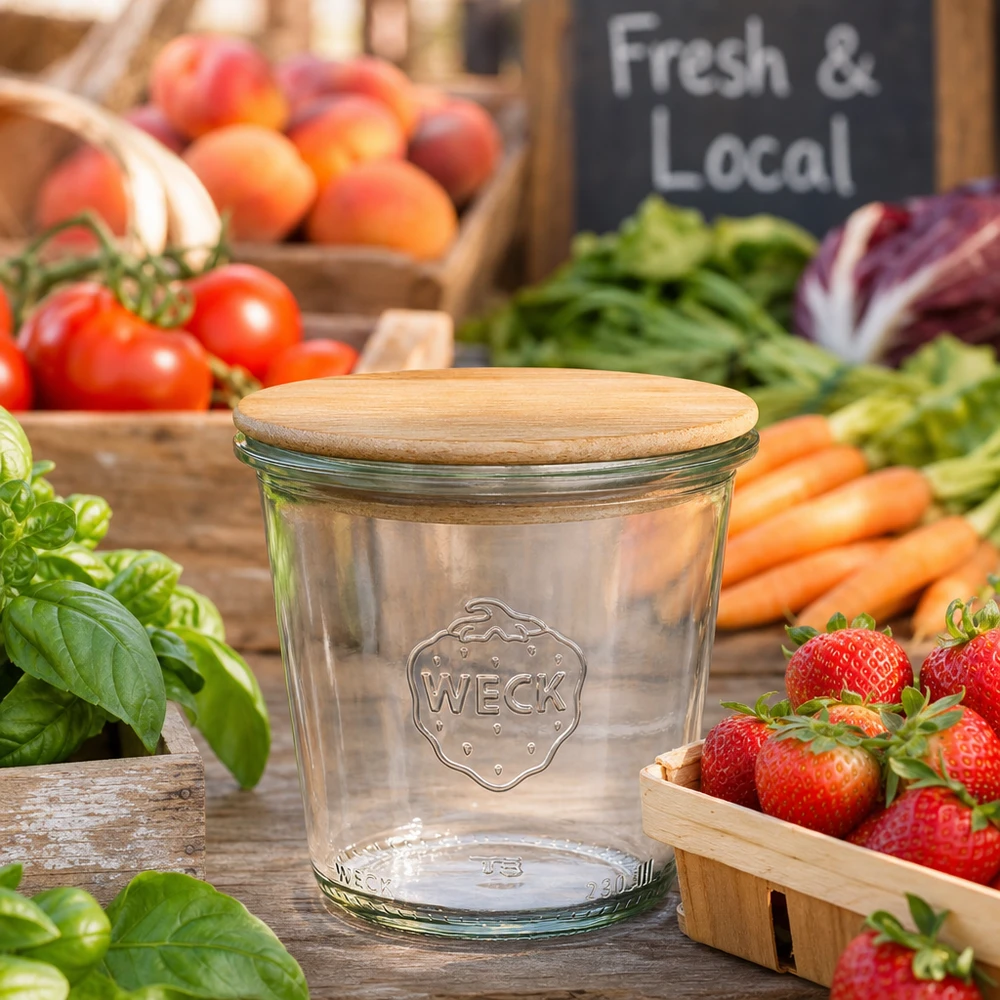 Bicchieri alti da 290 ml WECK RR80 con coperchio in legno Vaso di stoccaggio WECK 290ml RR80 con coperchio in legno tra verdura e frutta fresca su bancarella Fresh Local