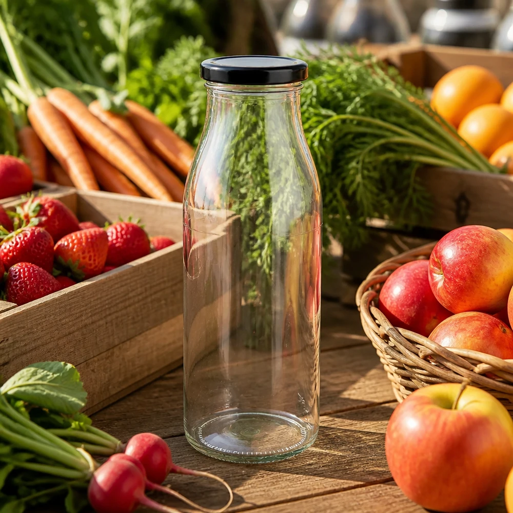Bottiglia di vetro da 500 ml + coperchio BasicSeal nero UN... Bottiglia di vetro da 500 ml con coperchio nero tra frutta e verdura fresca su tavolo di legno Scena di cucina