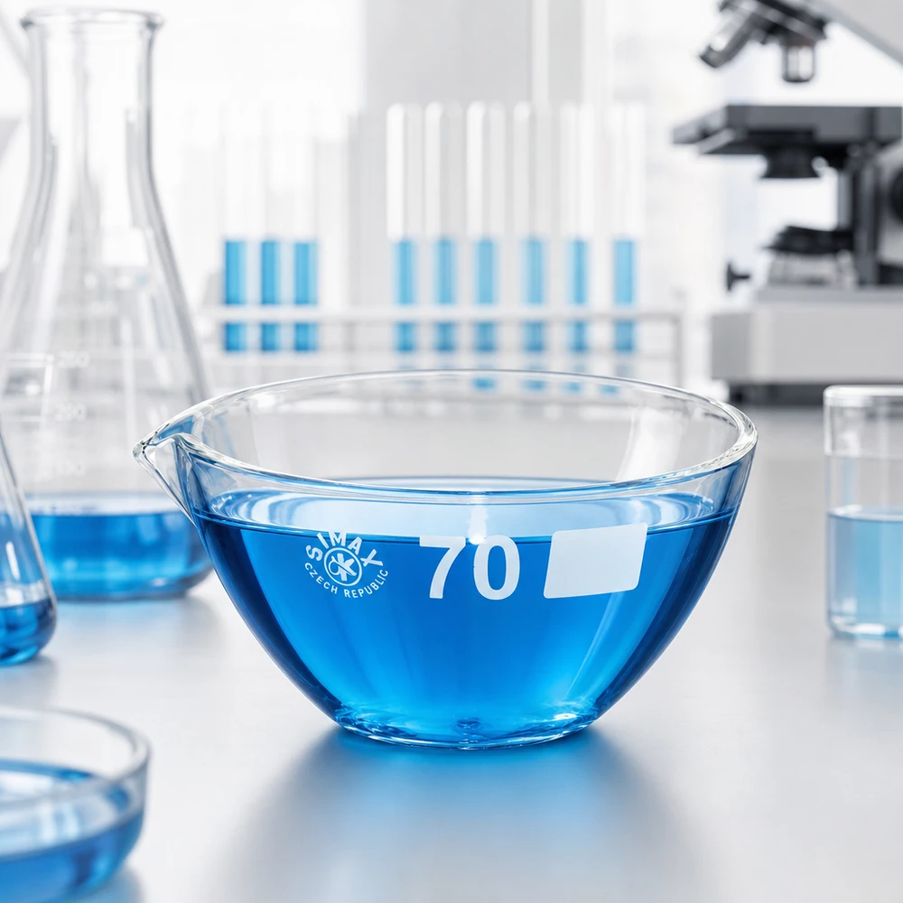 Piatto di evaporazione da 60ml con beccuccio in borosilicato ø70mm Piatto di precisione in vetro da 60 ml con beccuccio in borosilicato per analisi quantitative e preparazione dei campioni