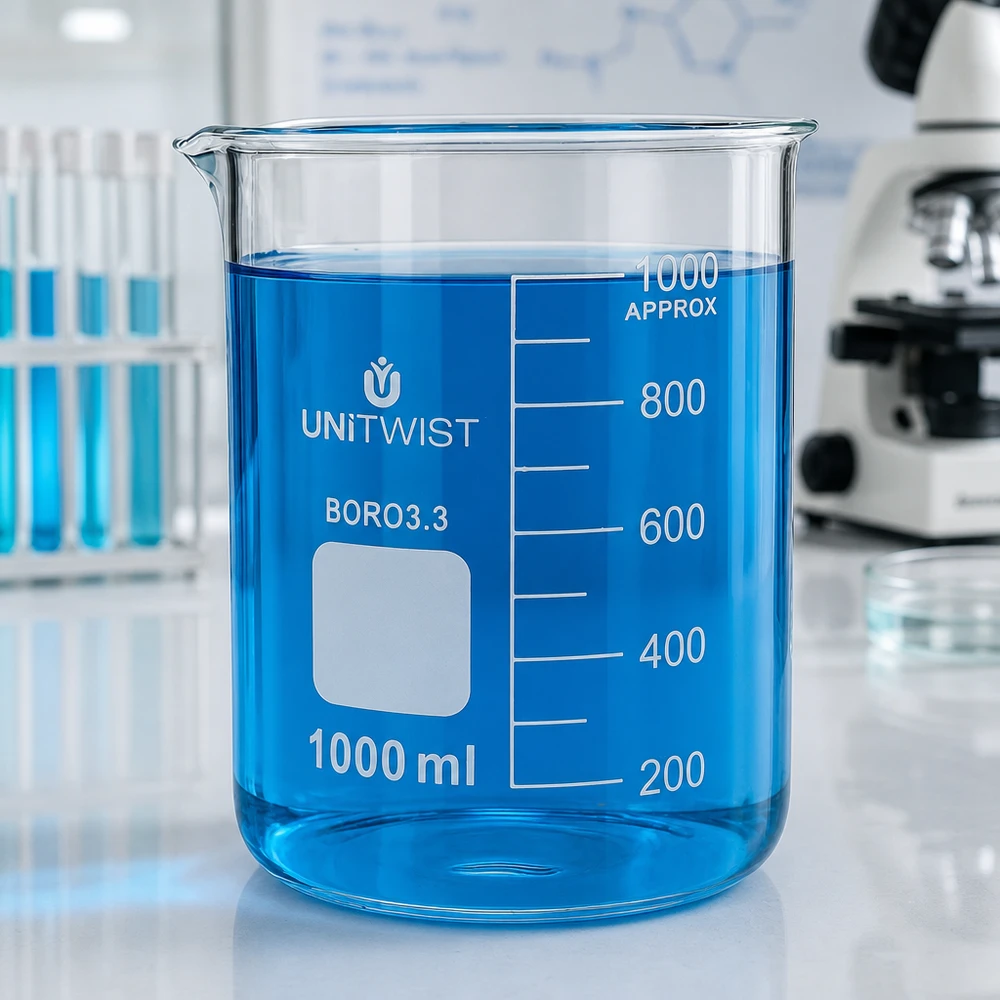 Bicchiere da 1000 ml in borosilicato, stampo basso UNiTWIST Bicchiere da laboratorio UNiTWIST da 1000 ml in borosilicato, forma bassa, con liquido blu al suo interno
