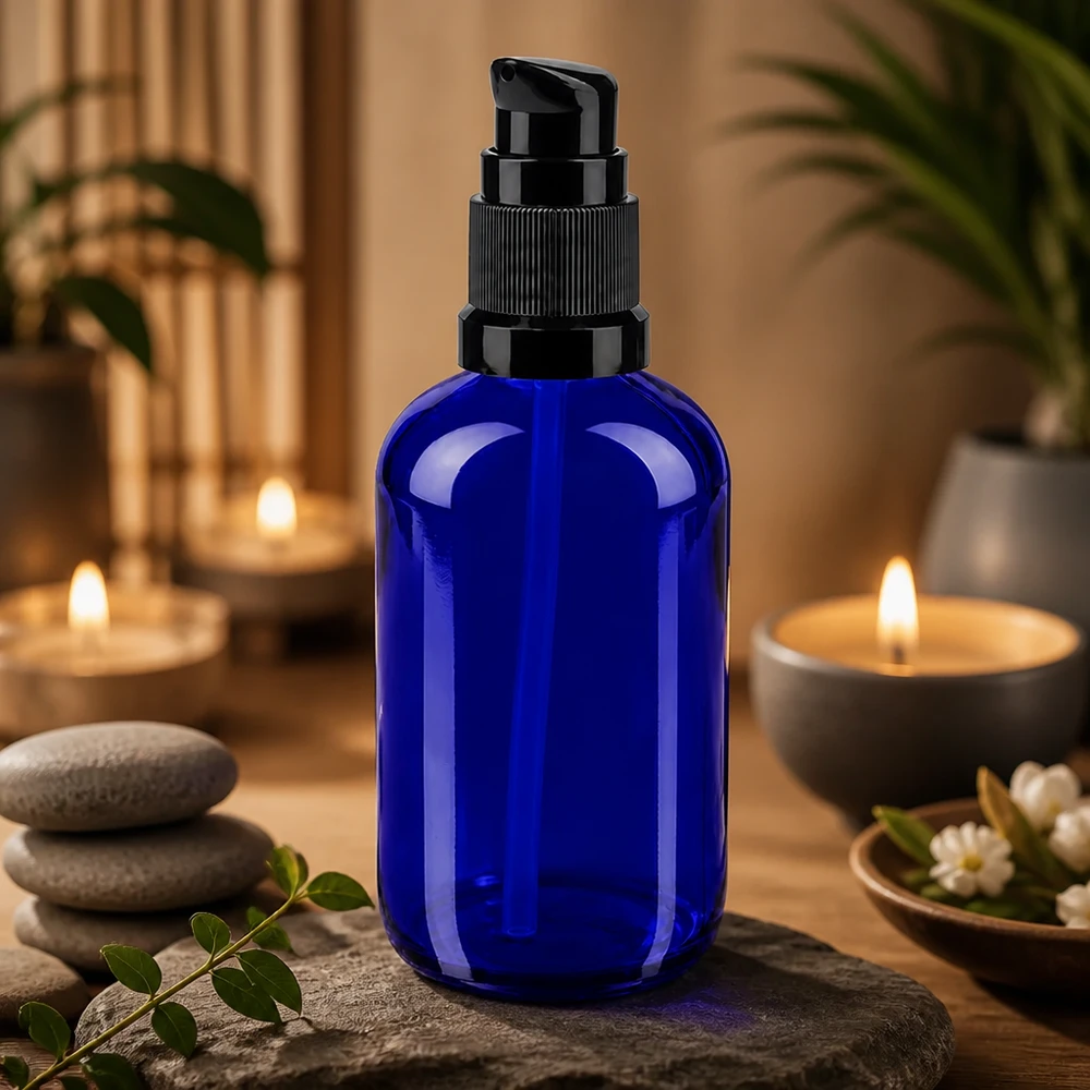 Bottiglia a pompa blu 100ml STD nero ApoGlas Flacone blu da 100 ml con dosatore a pompa, in vetro da farmacia, con dosatore nero, in un ambiente dedicato al benessere