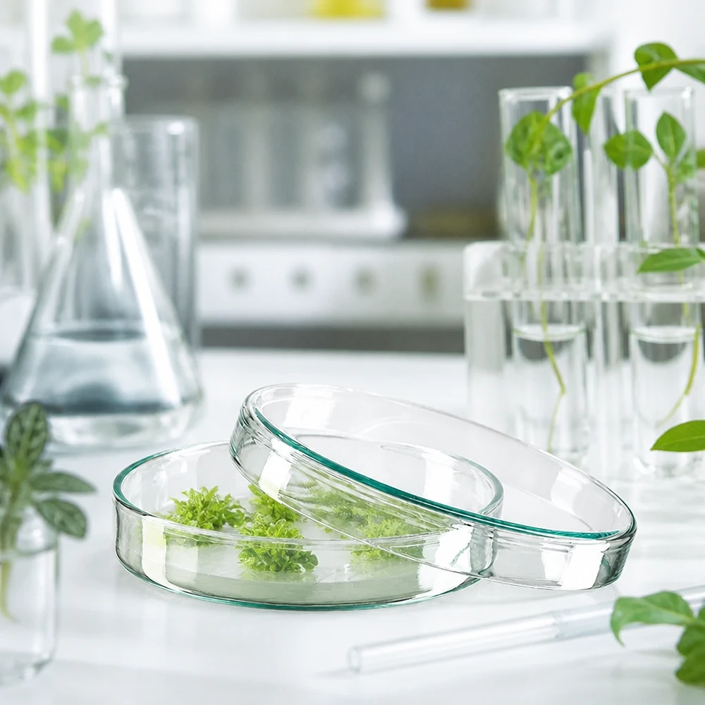Piastra Petri 100x20mm in vetro Piastra di Petri in vetro da 100x20 mm con germogli di piante su terreno di coltura verde in un laboratorio botanico