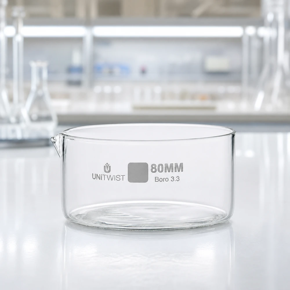 Piatto per cristallizzazione ø80 mm in vetro borosilicato UNiTWIST Vaschetta di cristallizzazione vuota da 80 mm in vetro borosilicato 3.3 UNiTWIST su un piano da laboratorio bianco