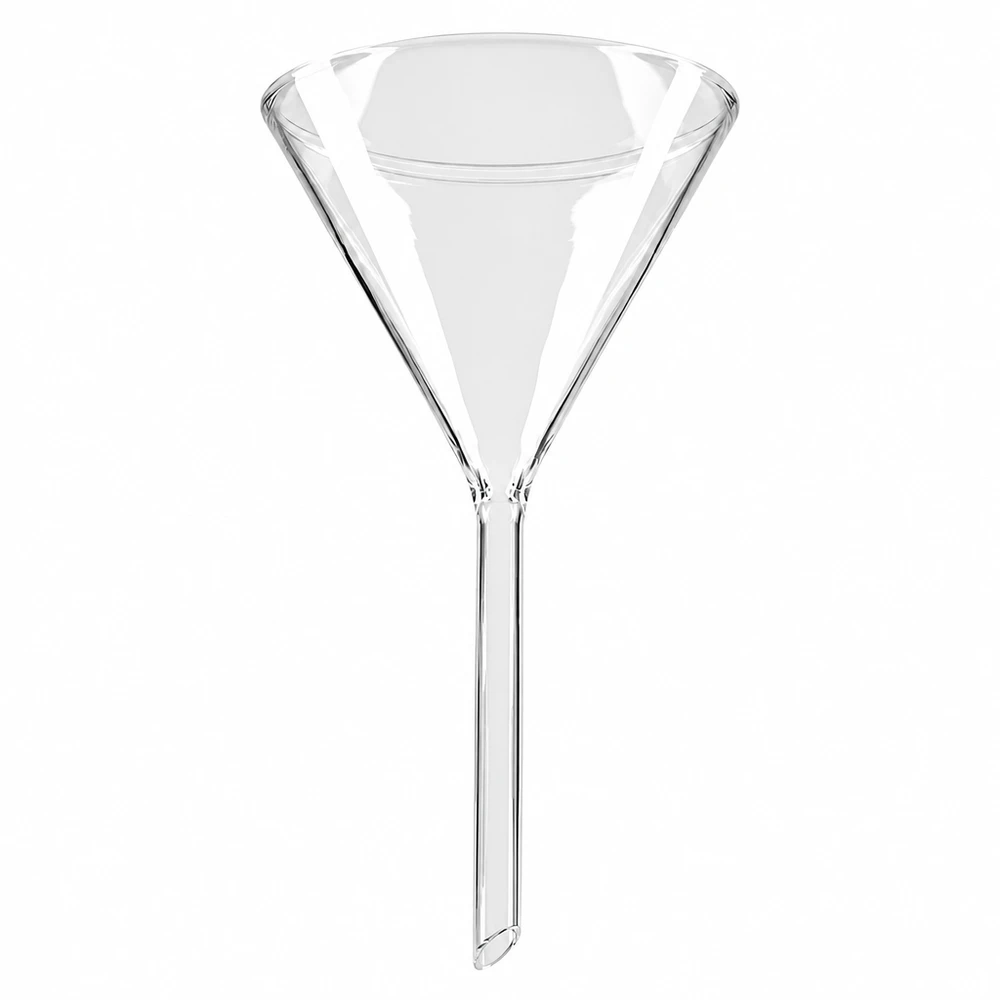 Imbuto Ø 100 mm per calce sodata, angolo 60°, stile corto Imbuto in vetro da 100 mm di diametro, in vetro sodico-calcico, con stelo corto, per uso di laboratorio
