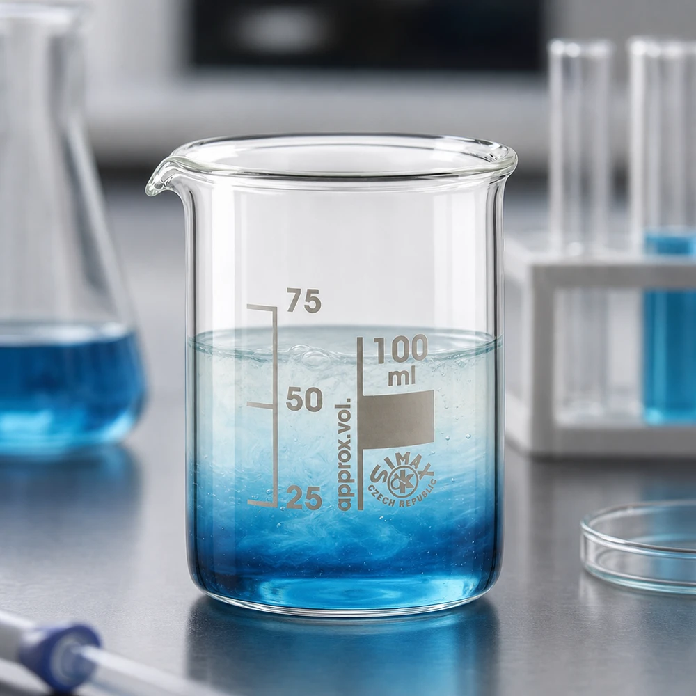 Bicchiere in vetro borosilicato da 100 ml con soluzione blu e scala millilitrica chiaramente visibile
