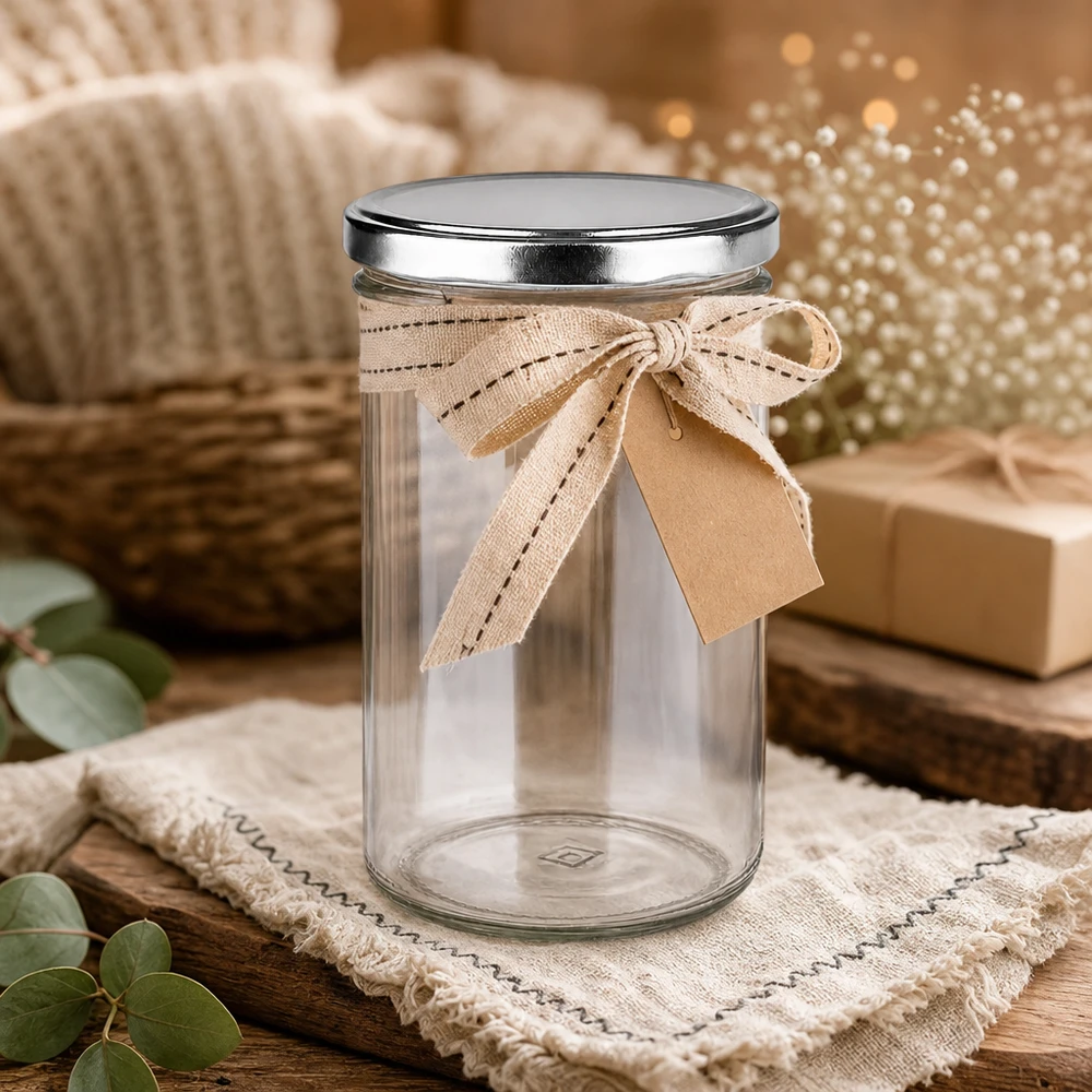 Bicchieri da 277 ml con coperchio BasicSeal argento UN.. Bicchieri da 277 ml con coperchio BasicSeal argento decorativo con fiocco confezione regalo ambiente rustico in legno