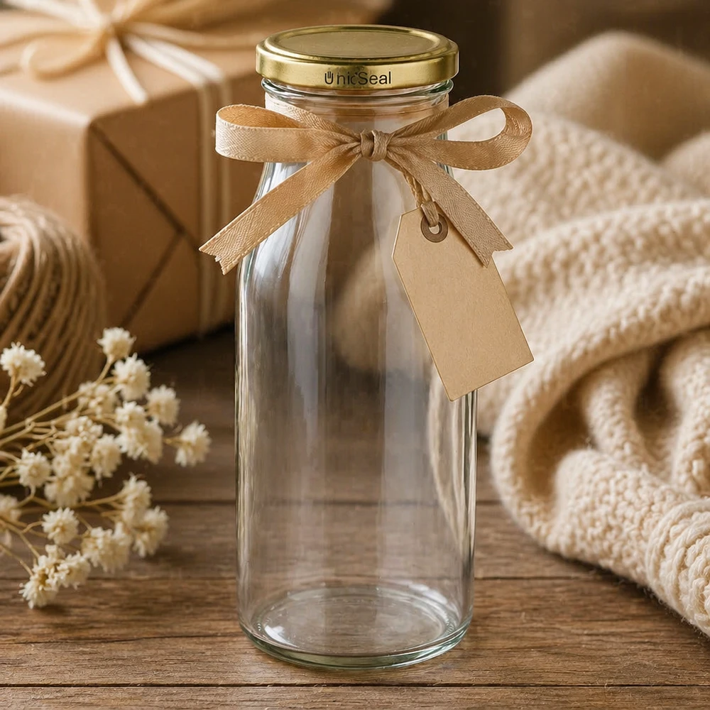 UNiTWIST Bottle150 con coperchio dorato. Coperchio TO43 BioSeal Bottiglia di vetro UNiTWIST da 150 ml presentata in modo decorativo con nastro dorato e coperchio BioSeal, idea regalo per il lifestyle