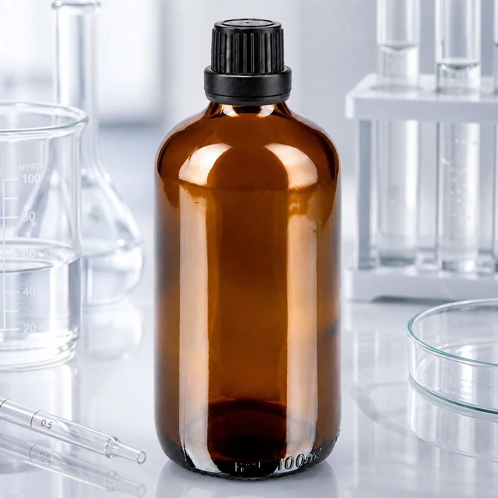 Bottiglia da farmacia marrone da 100 ml. SV OV nero/11mm ApoGlas Flacone da farmacia marrone da 100 ml con tappo di sicurezza nero da 11 mm per uso di laboratorio