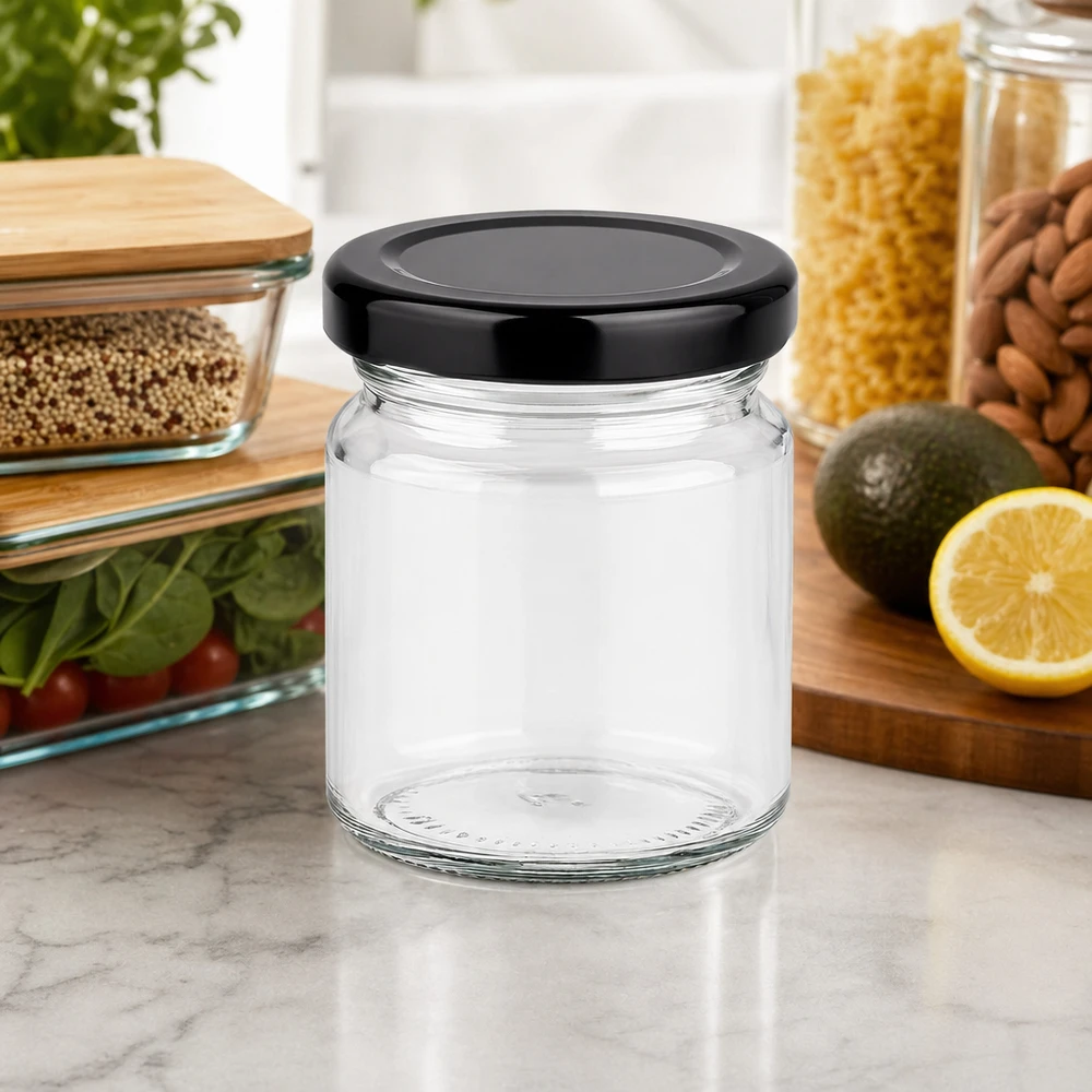 Barattolo rotondo da 53 ml con coperchio BasicSeal nero UNiTWIST. 53ml Rundglas mit schwarzem Deckel leer auf Marmor-Arbeitsplatte neben Vorratsgläsern kompakte Küchenorganisation