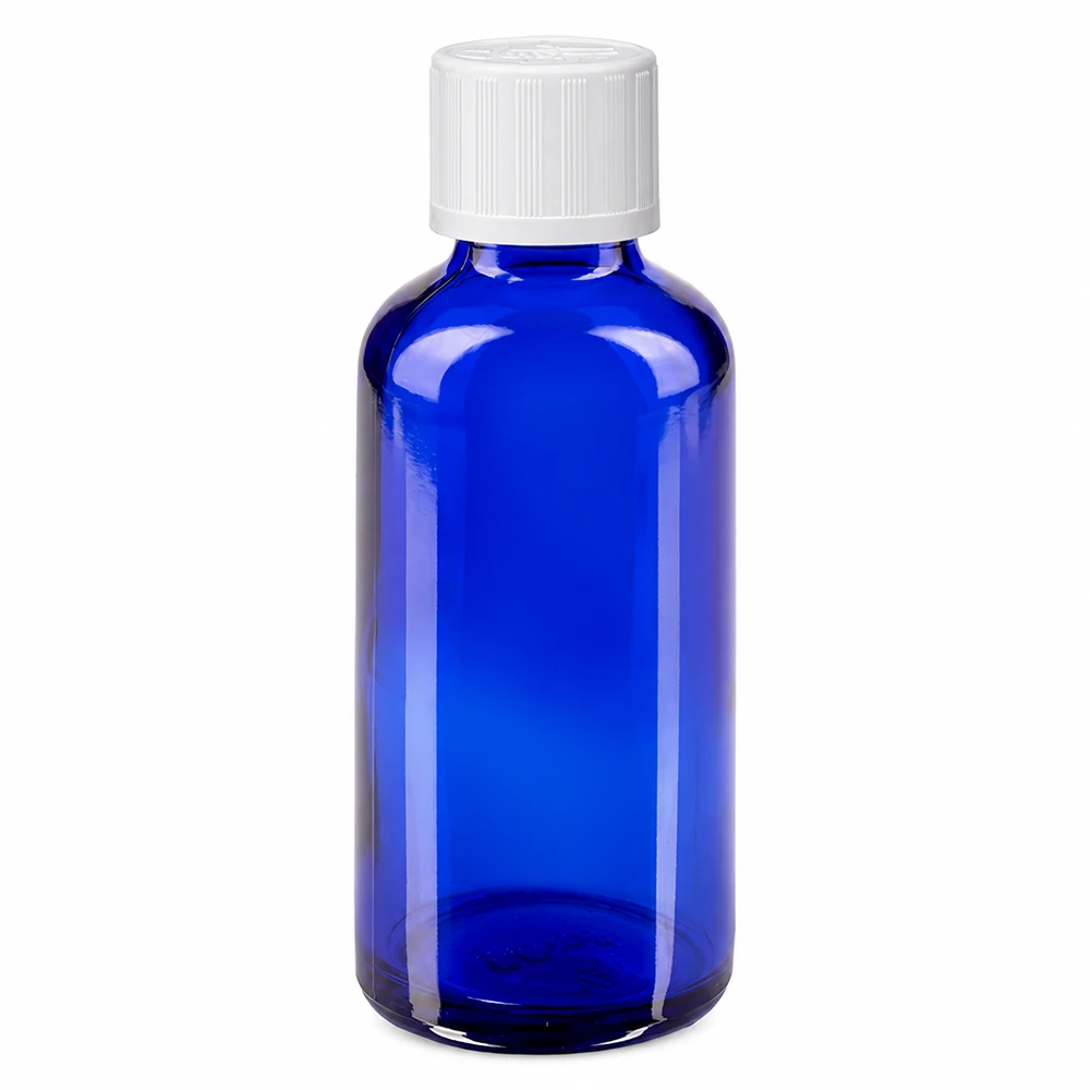 Bottiglia da farmacia blu da 50 ml. SV STD KiSi bianco/11mm ApoGlas Flacone da farmacia in vetro blu da 50 ml con tappo di sicurezza per bambini bianco da 11 mm