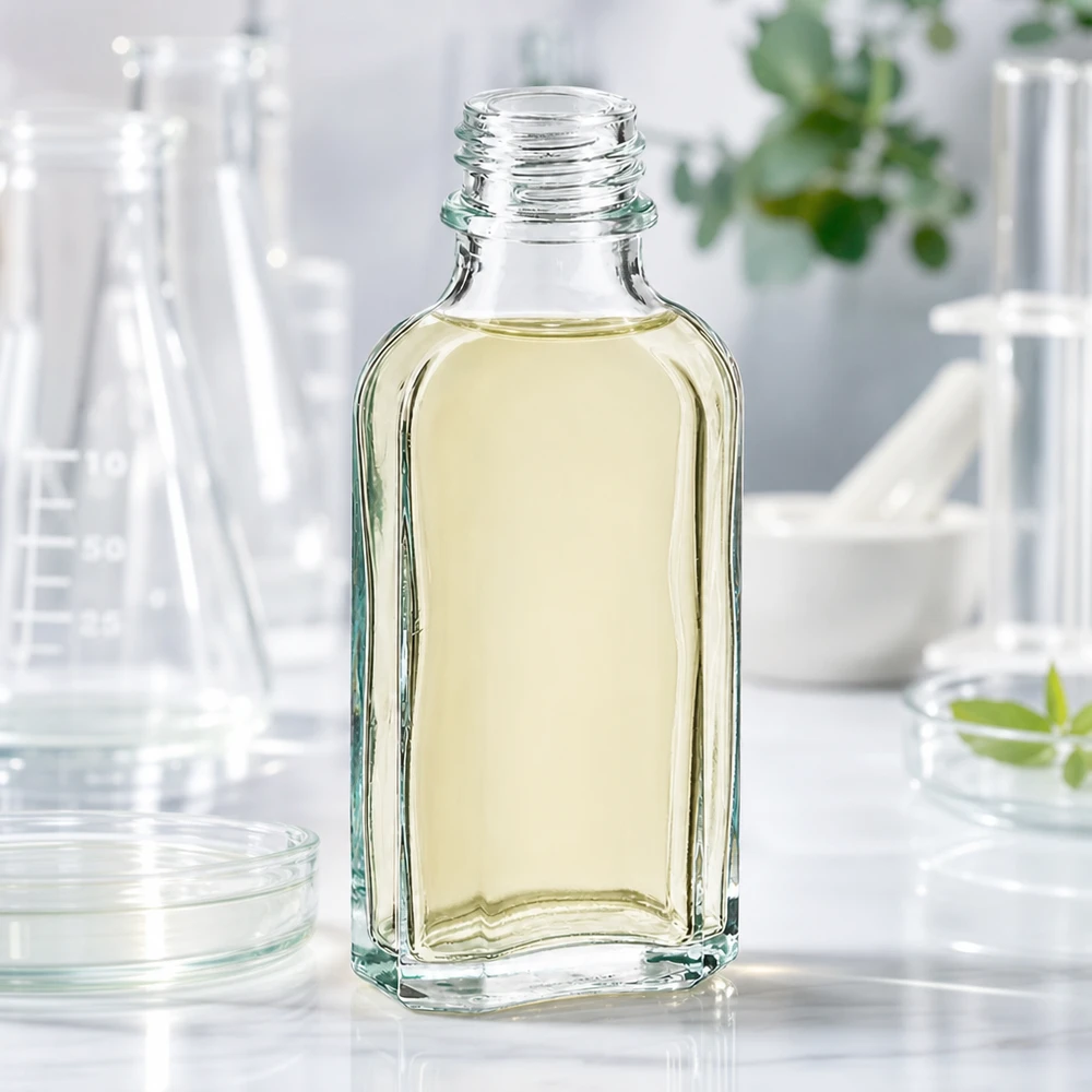 Flacone Meplat da 50 ml trasparente DIN22 Flacone Meplat piatto da 50 ml, trasparente, con contenuto giallastro e filettatura a vite DIN 22