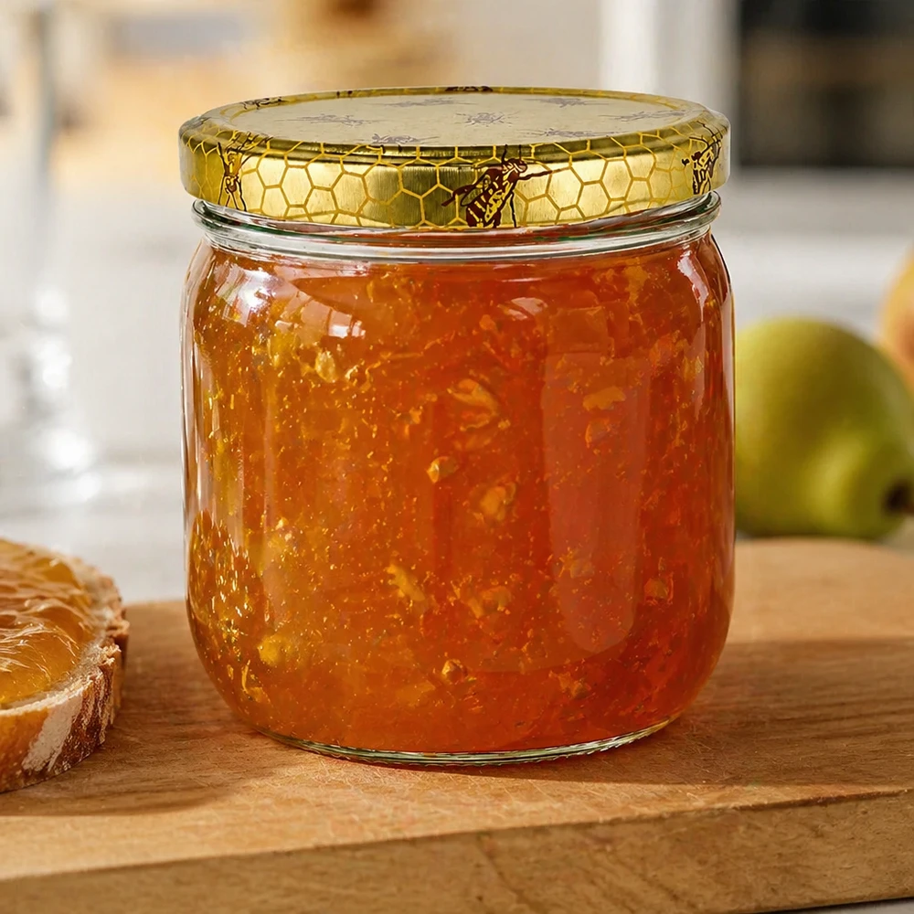 Vasetto per miele da 500 g con capsula con motivo a favo BasicSeal UNiTWIST Vasetto di miele da 500 g con coperchio a nido d'ape riempito di marmellata dorata accanto a pane e mela verde su tavola di legno