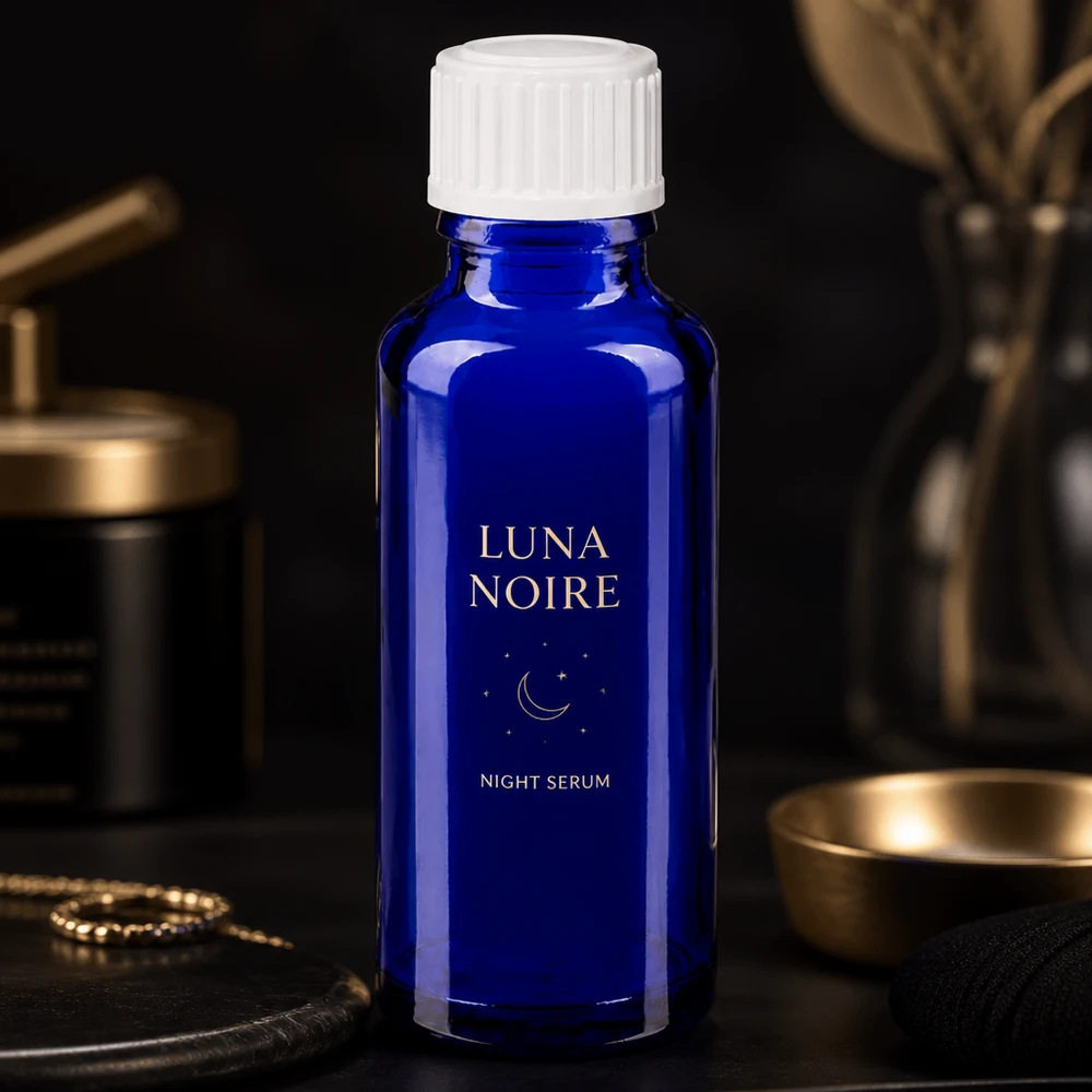 Bottiglia da farmacia blu da 30ml. SV STD bianco/11mm ApoGlas Siero notturno Luna Noire in flacone da farmacia da 30 ml blu cobalto con tappo a vite bianco