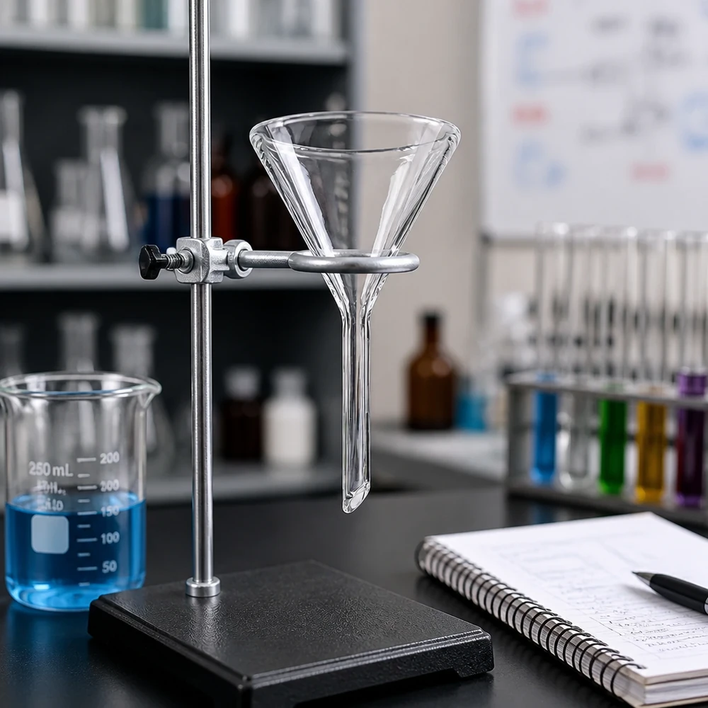 Imbuto Ø 45 mm in borosilicato angolo 60 stile corto Tramoggia di precisione con angolo di inclinazione di 60 gradi in borosilicato di alta qualità per un dosaggio preciso