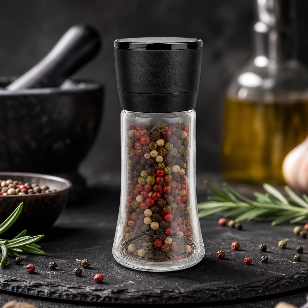 Macinapepe Vario da 95 ml con un mix colorato di pepe composto da grani rossi, verdi e neri in un barattolo di vetro