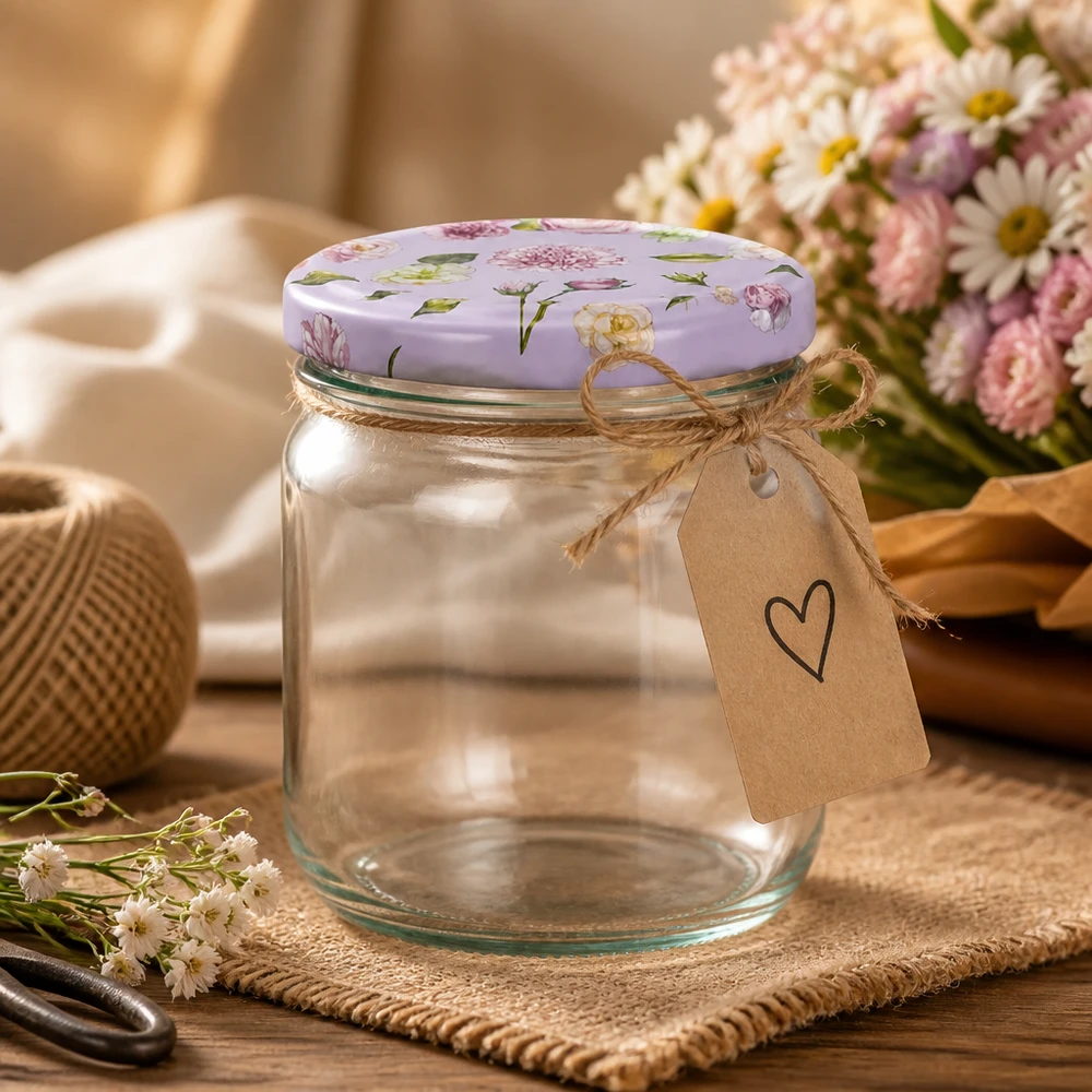 Barattolo rotondo da 425 ml con coperchio a fiori rosa Barattolo da conserva vuoto BasicSeal Scatto di stile di vita con fiori ed etichetta regalo