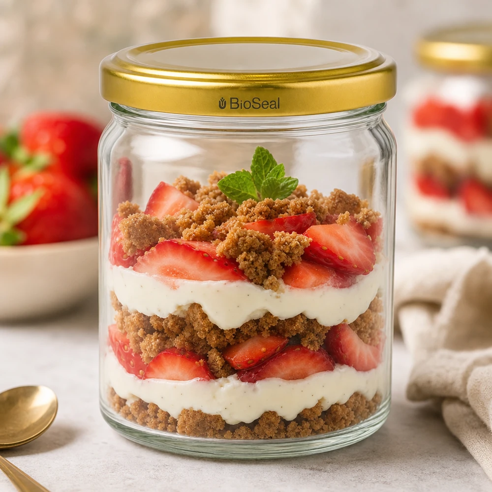 UNiTWIST Runda408 con coperchio dorato. Coperchio TO82 BioSeal UNiTWIST Runda408 vaso da dessert con coperchio dorato TO82 BioSeal per dessert a strati di tiramisù alla fragola con panna