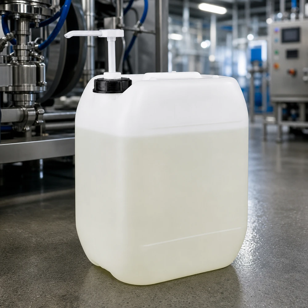Contenitore industriale trasparente da 10 litri con pompa dosatrice integrata, realizzato in un moderno impianto di produzione