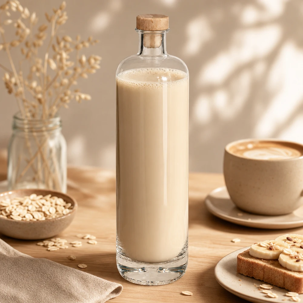 Bottiglia in vetro da 700 ml Ella con tappo in sughero con impugnatura in legno UNiTWIST® Bottiglia in vetro da 700 ml di Ella con crema di latte d'avena e tappo in legno, in un'accogliente scena di colazione con fiocchi d'avena.