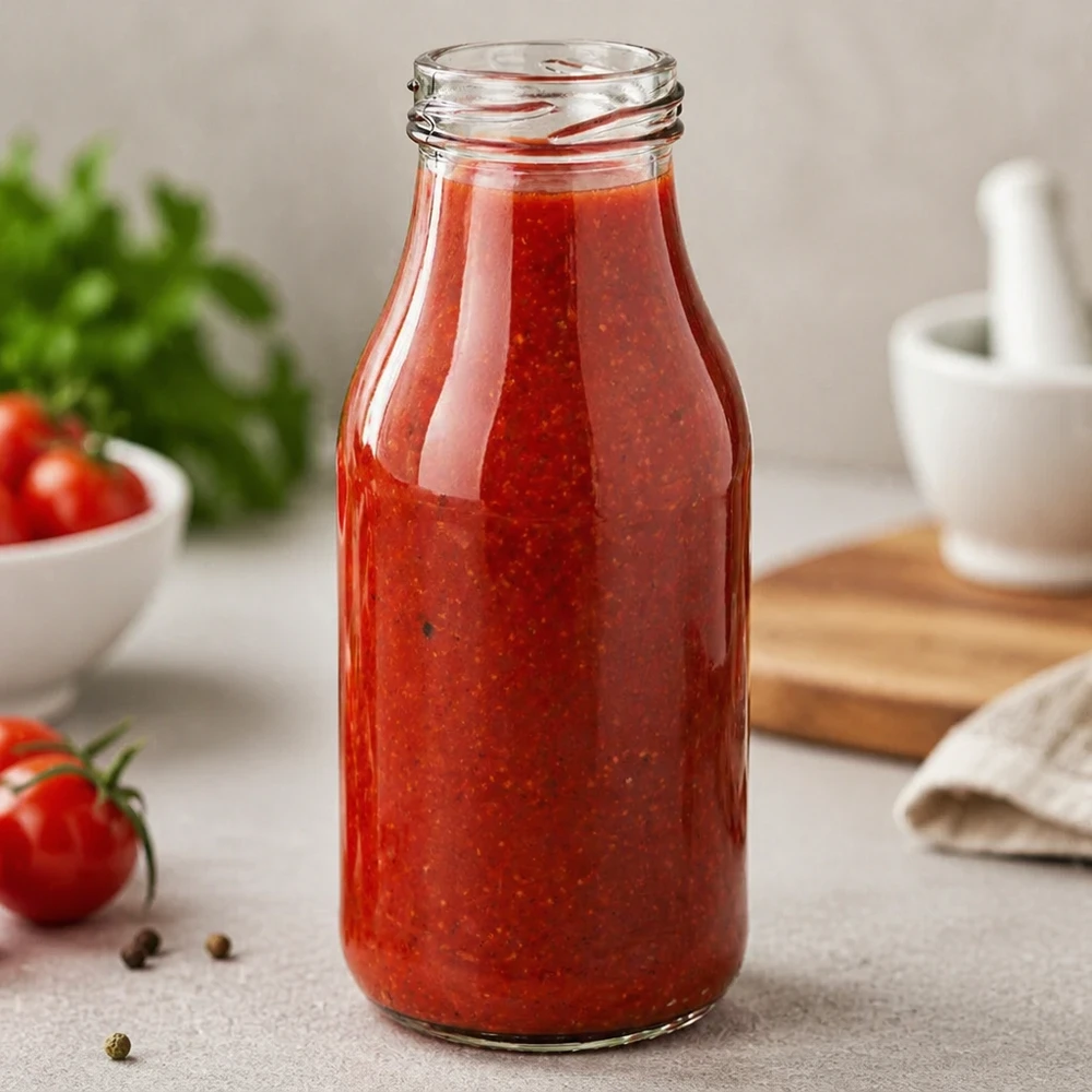 UNiTWIST Bottle263 - Capacità bottiglia 263ml TO43 Elegante UNiTWIST Glasflasche 263ml mit roter Tomatensauce gefüllt in moderner Küche - perfekt für Saucen und Getränke