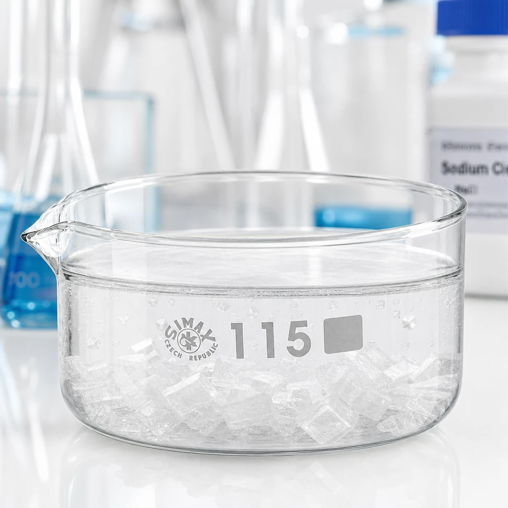Piatto per cristallizzazione da 500ml con beccuccio Bo.. ø115mm Vaschetta di cristallizzazione da 500 ml con beccuccio, riempita di cristalli bianchi, diametro 115 mm, vetreria da laboratorio