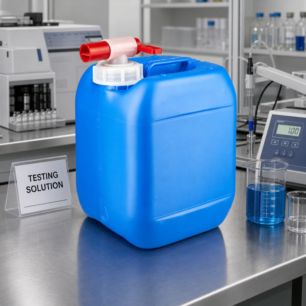 Tanica 5 litri blu con rubinetto di scarico Tanica blu da 5 litri in HDPE con rubinetto di scarico accanto a un cilindro graduato e a una soluzione di prova in laboratorio