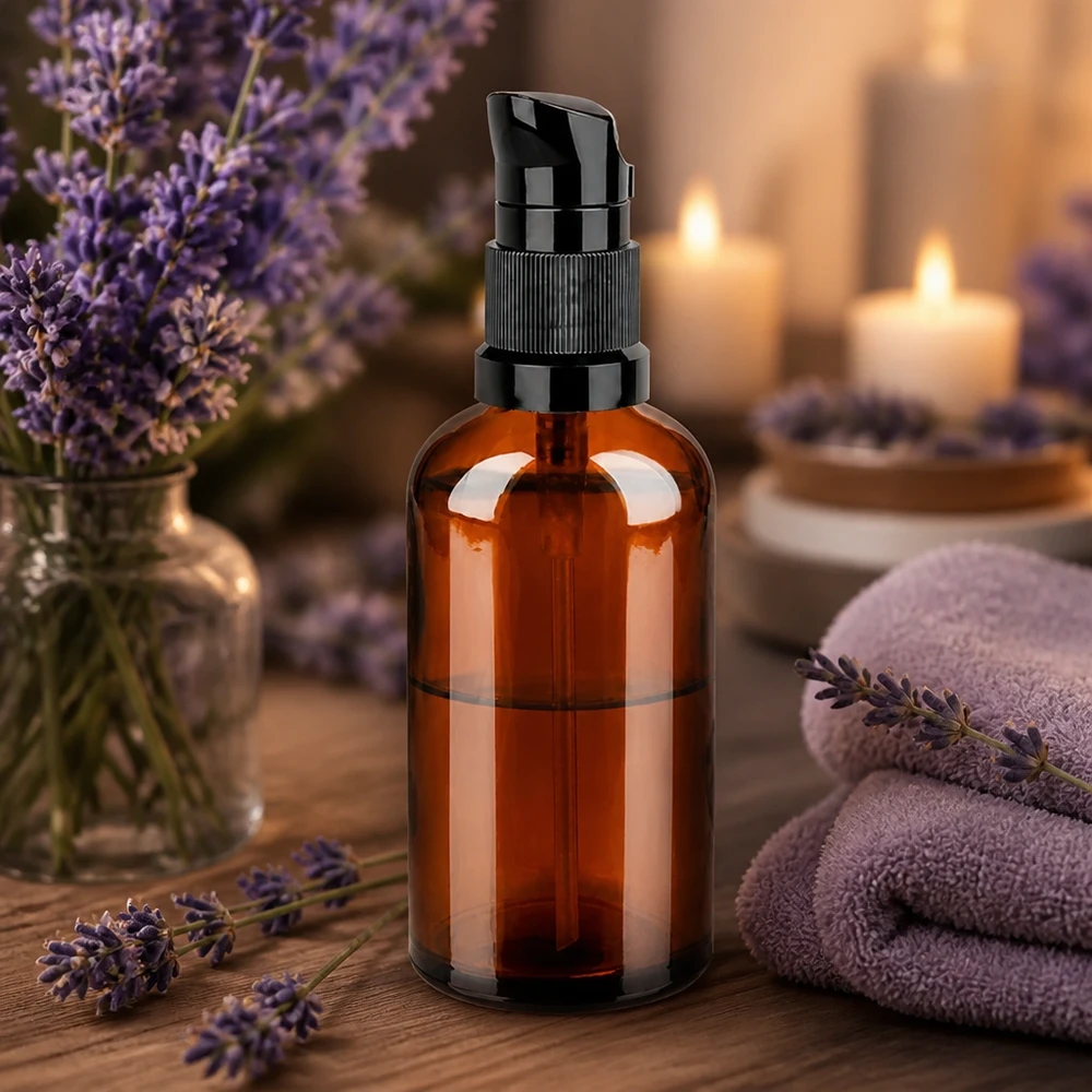 Flacone a pompa da 100 ml nero STD BrownLine UT18/100 Flacone professionale a pompa da 100 ml in marrone ambrato con dispenser nero per trattamenti spa