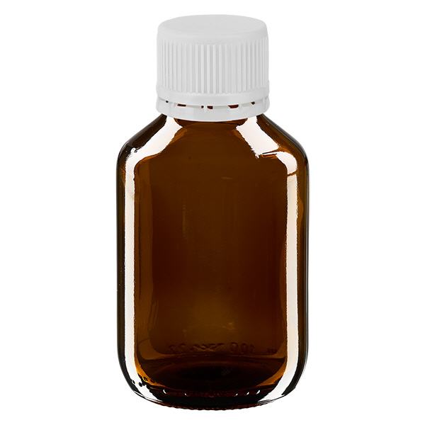 Flacone per medicinali da 100 ml marrone, tappo bianco con chiusura antimanomissione Flacone per medicinali da 100 ml marrone, tappo bianco con chiusura antimanomissione