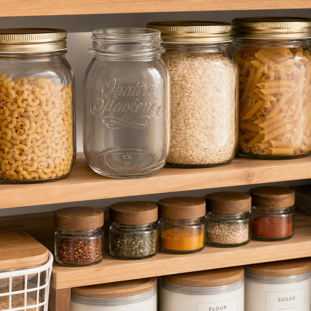 Vaso domestico "Quattro Stagioni" da 500 ml Quattro Stagioni 500ml Vorratsglas in organisierter Küchenpantry mit Pasta Reis und Gewürzen für stilvolle Aufbewahrung